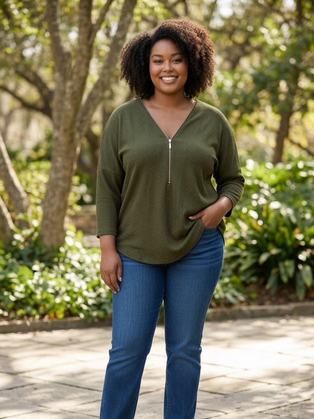 Women's Olive Green Zip V-Neck Waffle Top
